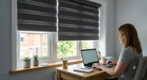 Blackout day and night roller blinds providing glare reduction in a home office