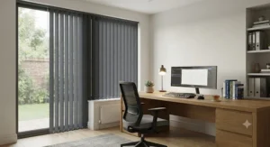 Home office setup showcasing blackout fabric vertical blinds providing glare reduction and privacy for a computer workspace.