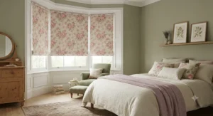 Pink rose pattern blackout floral roller blinds in a cosy master bedroom.