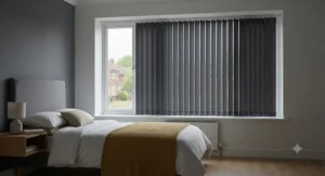 Dark grey blackout replacement vertical blind slats fitted in a contemporary UK bedroom for light control.