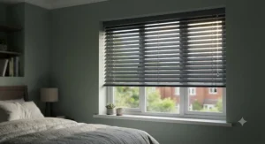 Dark grey mini venetian blinds tilted closed to block sunlight in a British bedroom