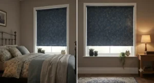 Cosy bedroom interior with light-blocking blackout patterned roller blinds