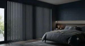 Dark grey blackout vertical blinds providing complete light exclusion in a bedroom.