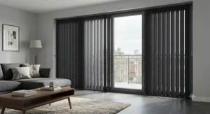Dark charcoal blackout vertical blinds installed on large sliding patio doors in a contemporary UK apartment setup.