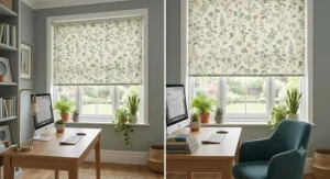 Home office space with calming botanical patterned roller blinds