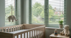 A nursery room window fitted with child-safe aluminium venetian blinds.