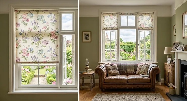 Classic country style floral roller blinds fitted in a bright British lounge window.
