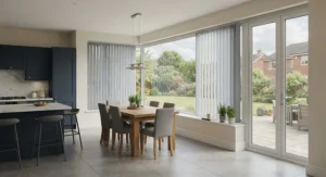 Sleek vertical blinds fitted on a large kitchen diner window overlooking a British garden.