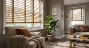 A cosy, inviting living room setting with warm-toned wooden Venetian blinds tilted to control natural light.