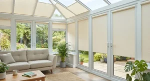 Elegant cream-coloured thermal roller blinds blending with contemporary conservatory interior design.