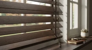 Dark wood effect faux wood venetian blinds showing realistic woodgrain texture on slats