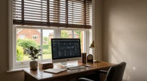 Sophisticated dark wood venetian blinds in a home office, tilted to reduce glare on a computer screen.