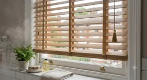 Durable faux wood venetian blinds, perfect as moisture-resistant bathroom window coverings.