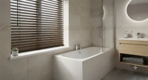 Easy-clean faux wood slat blinds positioned above a contemporary bathroom vanity unit
