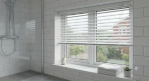 Moisture resistant mini venetian blinds fitted securely on a small bathroom window