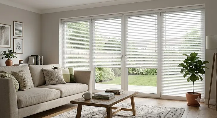 Modern living room featuring stylish easy fit venetian blinds installed on large windows