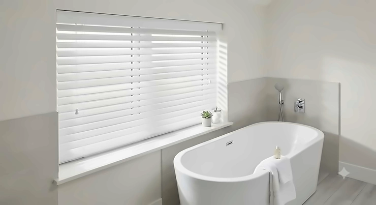 White waterproof faux wood blinds fitted on a modern bathroom window above a bathtub