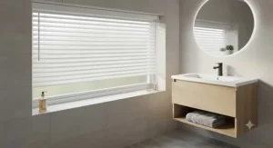 Compact faux wood blinds installed on a small frosted glass bathroom window