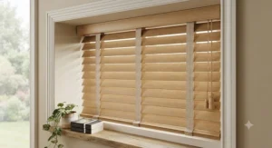 Natural wood tone faux wood venetian blinds styled with stylish decorative fabric tapes