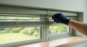 A close-up view showing the neat recess mounting of high-quality aluminium venetian blinds.