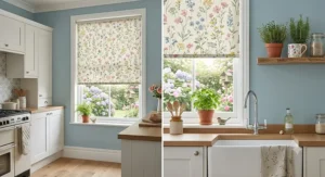 Bright kitchen window dressed with charming floral patterned roller blinds