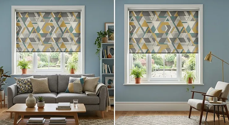Modern living room featuring stylish geometric patterned roller blinds