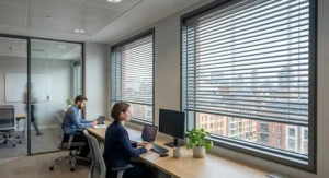 Neutral grey aluminium venetian blinds blending with a professional office interior design.