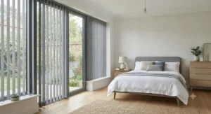 Contemporary bedroom with soft grey fabric vertical blinds filtering natural daylight across a double bed and neutral decor.