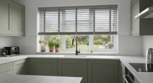 Modern grey faux wood venetian blinds installed over a contemporary kitchen sink window