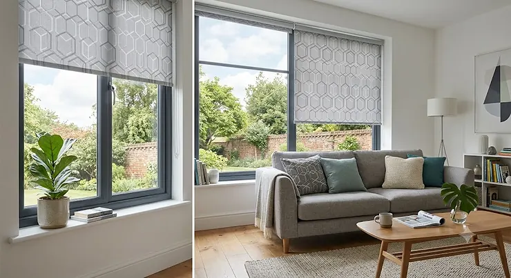 Modern grey geometric roller blinds fitted in a bright contemporary living room