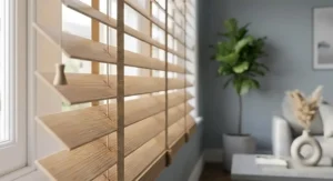 Close-up detail of high-quality, made-to-measure wooden Venetian blinds showing the texture and wood grain in a living room.
