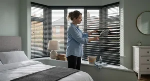 A homeowner easily dusting and cleaning venetian blinds to keep them looking their best.