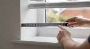Close-up of a tape measure checking recess dimensions for fitted mini venetian blinds