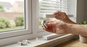 Hand holding the simple clip mechanism for fitting easy fit venetian blinds without tools