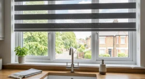Water-resistant day and night roller blinds fitted in a modern British kitchen