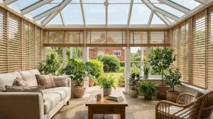 Light-filtering wooden venetian blinds in a conservatory, helping to regulate temperature and sunlight.
