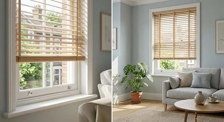 Bright, airy living room featuring natural light oak wooden Venetian blinds installed on a sash window. wooden venetian blinds for living room