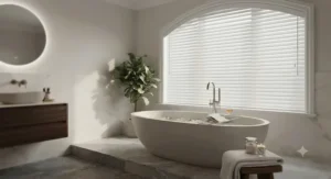 Luxury Venetian-style faux wood blinds filtering daylight in a luxurious freestanding bath setup