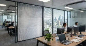 Made-to-measure aluminium venetian blinds covering large office windows to ensure privacy.