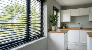 Sleek, made-to-measure black aluminium venetian blinds installed in a minimalist kitchen.
