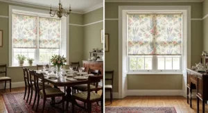 Elegant made to measure floral roller blinds in a traditional British dining room.
