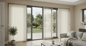 Made-to-measure vertical blinds installed over large patio doors in a modern UK home extension.