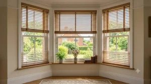 Made-to-measure wooden venetian blinds perfectly fitted to a traditional Victorian bay window.