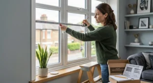A person using a tape measure to fit day and night roller blinds in a UK home