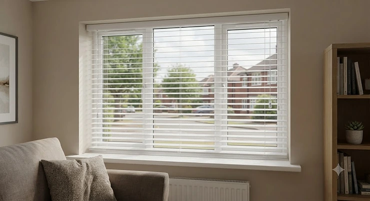 White mini venetian blinds fitted neatly inside a modern British living room window frame