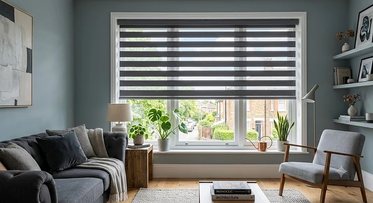 Contemporary living room featuring stylish day and night roller blinds for privacy and light control