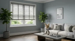 Contemporary living room interior showcasing stylish grey wooden Venetian blinds with colour-matched ladder tapes.