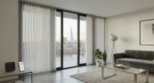 Smart-enabled motorised fabric vertical blinds installed on floor-to-ceiling glass doors in a modern UK apartment.