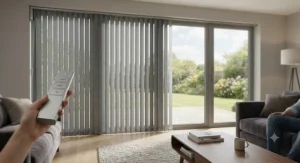 Smart remote-controlled motorised vertical blinds fitted on patio doors, showcasing modern automated window dressings in a lounge.