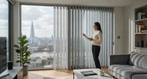 Smart motorised vertical blinds being adjusted remotely in a contemporary UK apartment.